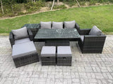 Fimous 8 Seater Wicker PE Rattan Garden Furniture Sofa Set Outdoor Adjustable Rising Lifting Dining Table Set with Armchairs Side Table 3 Footstools Dark Grey Mixed