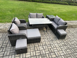 Fimous Outdoor Rattan Garden Furniture 9 piece Grey Patio Furniture Set 9 Seater Lounge Sofa Set with Rectangular Table Reclining Chairs 3 Stools Side Table