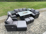 Fimous PE Wicker Outdoor Rattan Garden Furniture Set Propane Gas Fire Pit Table and Sofa Chair set with 3 Footstools 2 Side Tables