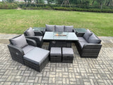 Fimous PE Wicker Outdoor Rattan Garden Furniture Set Propane Gas Fire Pit Table and Sofa Chair set with 3 Footstools 2 Side Tables