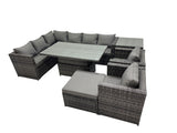 Fimous 9 seater Height Adjustable Rising Lifting Table Corner Sofa Set Rattan Garden Furniture Dining Set with Big Stool Side Table Dark Grey Mixed