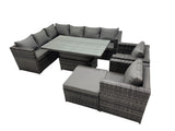 Fimous 9 seater Height Adjustable Rising Lifting Table Corner Sofa Set Rattan Garden Furniture Dining Set with Big Stool Dark Grey Mixed