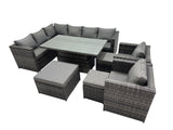 Fimous 11 seater Height Adjustable Rising Lifting Table Corner Sofa Set Rattan Garden Furniture Dining Set with 3 Stool Dark Grey Mixed