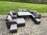 Fimous Outdoor Rattan Garden Furniture 10 piece Grey Patio Furniture Set 9 Seater Lounge Sofa Set with Rectangular Table Reclining Chairs 3 Stools 2 Side Tables