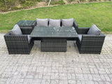 Fimous Outdoor Rattan Garden Furniture Sofa Set Patio Adjustable Rising Lifting Dining Table Set with Side Table 2 Armchairs Dark Grey Mixed