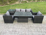 Fimous Outdoor Rattan Garden Furniture Sofa Set Patio Adjustable Rising Lifting Dining Table Set with Side Table 2 Armchairs Dark Grey Mixed