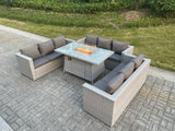 Fimous Light Grey U Shape Lounge Sofa Dining Set With Gas Fire Pit Dining Table Garden Furniture Set Heater Burner