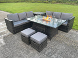 Fimous 8 Seater Outdoor Rattan Garden Furniture Gas Fire Pit Table Sets Gas Heater Lounge Dark Grey Footstool