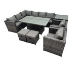 Fimous 10 seater Height Adjustable Rising Lifting Table Corner Sofa Set Rattan Garden Furniture Dining Set with 2 Small Stool Side Table Dark Grey Mixed