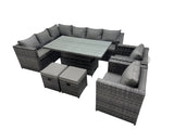 Fimous 10 seater Height Adjustable Rising Lifting Table Corner Sofa Set Rattan Garden Furniture Dining Set with 2 Small Stool Dark Grey Mixed