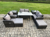 Fimous Outdoor Rattan Garden Furniture 9 piece Grey Patio Furniture Set 8 Seater Lounge Sofa Set with Rectangular Table Reclining Chairs 2 Big Stools 2 Side Tables