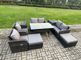 Fimous Outdoor Rattan Garden Furniture 9 piece Grey Patio Furniture Set 8 Seater Lounge Sofa Set with Rectangular Table Reclining Chairs 2 Big Stools 2 Side Tables