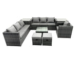 Fimous Rattan Garden Furniture Dining Set 9 seater Patio Coffee Table Sofa Set with 2 Side Tables 2 Small Stools Dark Grey Mixed
