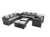 Fimous Rattan Garden Furniture Dining Set 9 seater Patio Coffee Table Sofa Set with 2 Side Tables 2 Small Stools Dark Grey Mixed