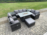 Fimous 8 Seater PE Wicker Outdoor Rattan Garden Furniture Set Propane Gas Fire Pit Table and Sofa Chair set with 2 Side Tables Big Footstool