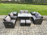 Fimous Outdoor Rattan Garden Furniture 9 piece Grey Patio Furniture Set 8 Seater Lounge Sofa Set with Rectangular Table Reclining Chairs 2 Stools 2 Side Tables