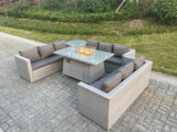 Fimous Light Grey U Shape Lounge Sofa Dining Set With Gas Heater Firepit Dining Table Set Burner With Extra Side Coffee Tea Table