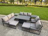 Fimous Garden Aluminium Furniture Set Dark Grey 10 Seater Outdoor Patio Adjustable Rising Lifting Dining Table with 2 Big Footstools 2 Side Tables Dark Grey