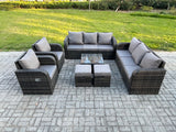 Fimous High Back Rattan Garden Furniture Set with Square Coffee Table 2 Small Footstools Indoor Outdoor Patio Lounge Sofa Set Dark Grey Mixed