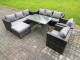 Fimous 8 Seater Rattan Outdoor Furniture Sofa Garden Dining Set with Patio Dining Table 2 Armchairs Big Footstools Dark Grey Mixed