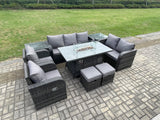 Fimous 9 Seater PE Wicker Outdoor Rattan Garden Furniture Set Propane Gas Fire Pit Table and Sofa Chair set with 2 Side Tables 2 Small Footstools