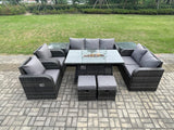 Fimous 9 Seater PE Wicker Outdoor Rattan Garden Furniture Set Propane Gas Fire Pit Table and Sofa Chair set with 2 Side Tables 2 Small Footstools