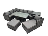 Fimous 9 seater Height Adjustable Rising Lifting Table Corner Sofa Set Rattan Garden Furniture Dining Set with Side Table 2 Big Stool Dark Grey Mixed
