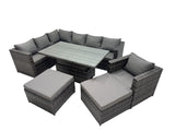 Fimous 9 seater Height Adjustable Rising Lifting Table Corner Sofa Set Rattan Garden Furniture Dining Set with 2 Big Stool Dark Grey Mixed