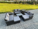 Fimous 7 pc Rattan Sofa Garden Furniture Outdoor Patio Set with Side Tables 2 Big Footstool Love Seat Sofa Dark Grey Mixed