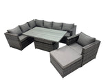 Fimous 8 seater Height Adjustable Rising Lifting Table Corner Sofa Set Rattan Garden Furniture Dining Set with Big Stool Dark Grey Mixed