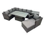 Fimous 8 seater Height Adjustable Rising Lifting Table Corner Sofa Set Rattan Garden Furniture Dining Set with Big Stool Side Table Dark Grey Mixed