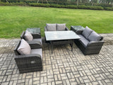 Fimous Rattan Outdoor Furniture Garden Dining Set Rectangular Table and Chair Sofa Set With 2 PC Side Tables Dark Grey Mixed