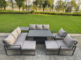 Fimous Garden Aluminium Furniture Set Dark Grey 10 Seater Outdoor Patio Adjustable Rising Lifting Dining Table with 2 Big Footstools Side Table Dark Grey