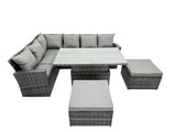 Fimous Poly Rattan Outdoor Patio Height Adjustable Rising Lifting Table Corner Sofa Set with 2 Big Stool for Garden Backyard Dark Grey Mixed
