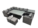 Fimous 9 seater Height Adjustable Rising Lifting Table Corner Sofa Set Rattan Garden Furniture Dining Set with 2 Small Stool Side Table Dark Grey Mixed