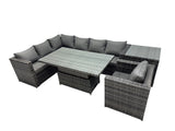 Fimous 7 seater Height Adjustable Rising Lifting Table Corner Sofa Set Rattan Garden Furniture Dining Set with Side Table Dark Grey Mixed