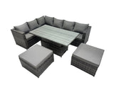 Fimous 8 seater Height Adjustable Rising Lifting Table Corner Sofa Set Rattan Garden Furniture Dining Set with 2 Big Stool Dark Grey Mixed