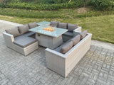 Fimous Light Grey U Shape Lounge Sofa Dining Set With Gas Heater Firepit Burner With Extra Side Coffee Tea Table Big Footstool