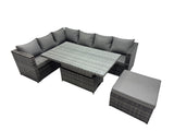 Fimous 7 seater Height Adjustable Rising Lifting Table Corner Sofa Set Rattan Garden Furniture Dining Set with Big Stool Dark Grey Mixed