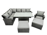 Fimous Poly Rattan Outdoor Patio Height Adjustable Rising Lifting Table Corner Sofa Set with 2 Big Stool,Chair for Garden Backyard Dark Grey Mixed