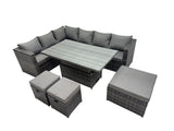 Fimous 9 seater Height Adjustable Rising Lifting Table Corner Sofa Set Rattan Garden Furniture Dining Set with 3 Stools Dark Grey Mixed