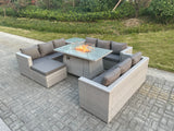Fimous Light Grey U Shape Lounge Sofa Dining Set With Gas Heater Firepit Burner With Extra Side Coffee Tea Table Big Footstool