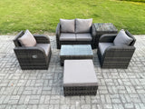 Fimous 6 PC Outdoor PE Rattan Garden Furniture Set Wicker Love Sofa Coffee Table 2 Armchair Big Footstool Side Table Dark Grey Mixed