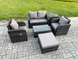 Fimous 6 PC Outdoor PE Rattan Garden Furniture Set Wicker Love Sofa Coffee Table 2 Armchair Big Footstool Side Table Dark Grey Mixed