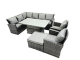 Fimous Poly Rattan Outdoor Patio Height Adjustable Rising Lifting Table Corner Sofa Set with Big Stool,2 Chairs for Garden Backyard Dark Grey Mixed