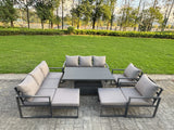 Fimous Garden Aluminium Furniture Set Dark Grey 10 Seater Outdoor Patio Adjustable Rising Lifting Dining Table with 2 Big Footstools Dark Grey