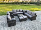 Fimous High Back Rattan Garden Furniture Set with Square Coffee Table 2 Small Footstools 2 Side Tables Indoor Outdoor Patio Lounge Sofa Set Dark Grey Mixed