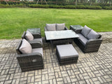 Fimous Rattan Outdoor Furniture Garden Dining Set Rectangular Table and Chair Sofa Set With 2 Side Tables Big Footstool Dark Grey Mixed