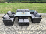 Fimous 9 Seater PE Wicker Outdoor Rattan Garden Furniture Set Propane Gas Fire Pit Table and Sofa Chair set with Side Table 2 Small Footstools