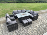 Fimous 9 Seater PE Wicker Outdoor Rattan Garden Furniture Set Propane Gas Fire Pit Table and Sofa Chair set with Side Table 2 Small Footstools